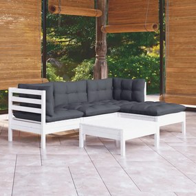 Set mobilier de gradina cu perne, 5 piese, alb, lemn de pin Alb, 5