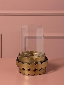 Sfeșnic din sticlă și alamă antichizată cu bază decorativă din discuri suprapuse, auriu, finisaj mat, 19×13,5 cm, „Luvia"