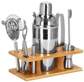 Kit pentru barmani, cocktail shaker, suport bambus, inox, set 9 piese, 550 ml, Springos