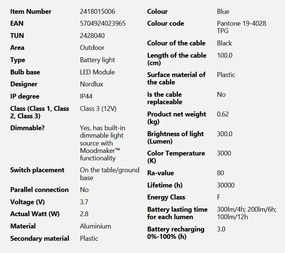 Veioza LED portabila de exterior design nordic IP44 Ellen To-Go Battery blue