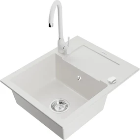 Mexen Enzo chiuvetă de granit cu un compartiment, cu picurător și  baterie de bucătărie Telma, Albă - 6506-20-670200-20