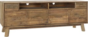 Comodă TV living din lemn reciclat, natur, cu 4 uși, 2 sertare, 2 nișe deschise și picioare oblice, finisaj antichizat, 65 x 180 x 48 cm, „Aubeline”
