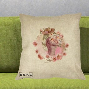 Perna Decorativa Femeie cu Flori Roz Acuarela, 40x40 cm, Crem, Husa Detasabila, Perna Inclusa, BEKZ®