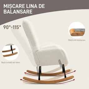 HOMCOM Balansoar, Fotoliu din Catifea Teddy, Scaun Relax cu Picioare din Lemn, Balansoar pentru Dormitor și Living, Alb Crem | Aosom Romania