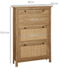 HOMCOM Dulap pentru pantofi raft pantofi dulap 3 uși rabatabile efect cannage răchită - în lemn lemn natural | Aosom Romania