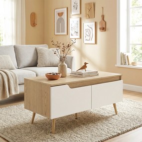 HOMCOM Masă de cafea dreptunghiulară, masă de living modernă cu 2 sertare, 5 picioare din lemn de pin, 100x50x46cm, stejar și alb | Aosom Romania