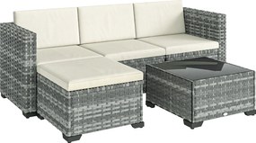 Outsunny Set mobilier grădină Polyrattan 5 piese, set lounge cu colțar, taburet, masă și perne pentru șezut și spate Gri+Cremeweiß | Aosom Romania