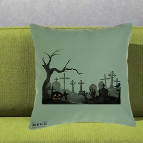 Perna Decorativa Halloween Cimitir Acuarela cu Dovleac, 40x40 cm, Verde, Husa Detasabila, Perna Inclusa, BEKZ®