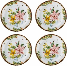 Set 4 farfurii din ceramică artizanală albă cu motive florale roz pictate manual și margine aurie, 15×1,5 cm, "Savina"