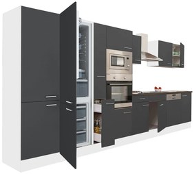 Mobilă de bucătărie Yorki 420, corp alb, față antracit satinat, frigider cu congelator jos