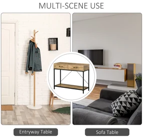 Masă Consolă Vintage HOMCOM din Metal și Lemn, Design Elegant cu 2 Sertare și Raft, Maro, pentru Living, Sufragerie | Aosom Romania