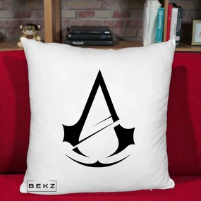 Perna Personalizata Assassin's Creed Minimalist, 40x40 cm, Alb Pufos, Husa Detasabila, Perna Inclusa, BEKZ®
