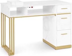 MANIAU201 - Masuta manichiura, 112 cm, cu aspirator incorporat, masa cosmetica - Alb - Imitatie de marmura - Auriu