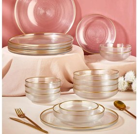 Set de masă, 18 piese, din sticlă transparentă cu detalii aurii