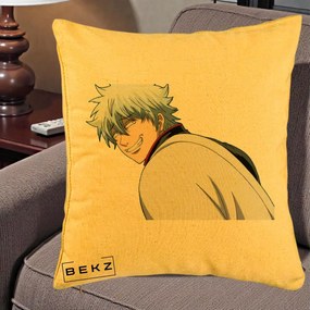 Perna Personalizata Gintama Gintoki Portret cu Zambet, 40x40 cm, Galben, Husa Detasabila, Perna Inclusa, BEKZ®