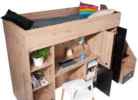 Pat pentru copii combinat 90 cm Sami 14 (Stejar artisan + negru mat + mânere albe). 1085820
