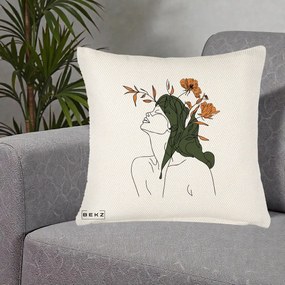 Perna Decorativa Portret Feminin Profil Flori Portocalii, 40x40 cm, Crem Reliefat, Husa Detasabila, Perna Inclusa, BEKZ®