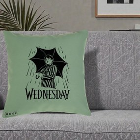 Perna Personalizata Wednesday cu Umbrela Ploaie Lineart, 40x40 cm, Verde, Husa Detasabila, Perna Inclusa, BEKZ®