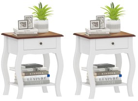 HOMCOM Set de 2 Noptiere cu Sertar Raft Deschis și Blat cu Efect de Stejar Stil Francez 45x35x55 cm Alb și Stejar | Aosom Romania