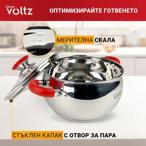 La mâna a doua: Oala Oliver Voltz OV51210N18, 18 cm, 2,5 l, Inductie, Manere silicon rosii, Inox/Roşu
