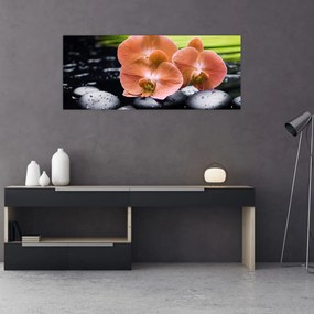 Tablou - Orhidee portocalie cu frunze de palmier (120x50 cm)