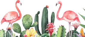 Fototapet - Flamingo în cactuși, acuarela (147x102 cm)