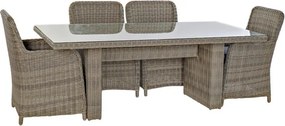 Set dining exterior din metal și sticlă, masă + 5 scaune, polirattan și stofă