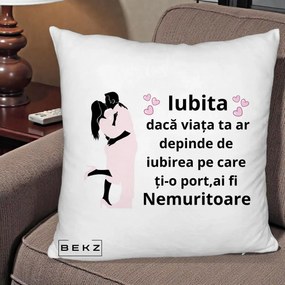 Cadou pentru Iubita - Perna Personalizata Iubita Nemuritoare cu Siluete de Cuplu, 40x40 cm, Alb Pufos, Husa Detasabila, Perna Inclusa, BEKZ®