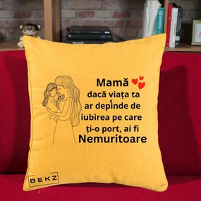 Cadou pentru Mama - Perna Personalizata Mama Nemuritoare cu Copilul in Poala, 40x40 cm, Galben, Husa Detasabila, Perna Inclusa, BEKZ®