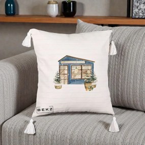 Perna Decorativa Casa de Iarna Watercolor, 40x40 cm, Bej cu Franjuri, Husa Detasabila, Perna Inclusa, BEKZ®