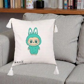 Perna Personalizata Labubu Turcoaz, 40x40 cm, Bej cu Franjuri, Husa Detasabila, Perna Inclusa, BEKZ®