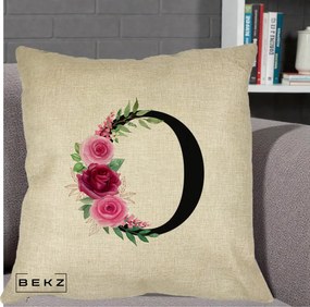 Cadou Personalizat - Perna Personalizata Monograma Florala Litera O, 40x40 cm, Crem, Husa Detasabila, Perna Inclusa, BEKZ®