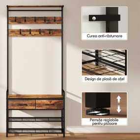 HOMCOM Cuier de Podea 5 în 1, 181,5 cm, cu Bancă și Suport pentru Încălțăminte, 10 Cârlige, Metal, Maro Rustic | Aosom Romania