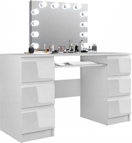 Masuta machiaj cu Oglinda LED si 6 Sertare pentru Cosmetice, Set Masa toaleta 130 cm, Alb, masuta cosmetica, vanity - SEA535