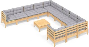 vidaXL Set mobilier de grădină cu perne, 12 piese, gri, lemn masiv pin
