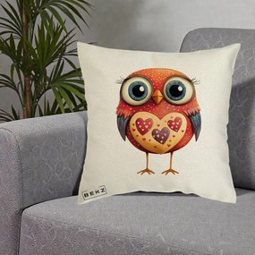 Perna Decorativa Bufnita Rosie cu Inimi Aurii, 40x40 cm, Ecru, Husa Detasabila, Perna Inclusa, BEKZ®