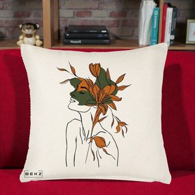 Perna Decorativa Portret Feminin Crin Auriu, 40x40 cm, Crem Reliefat, Husa Detasabila, Perna Inclusa, BEKZ®