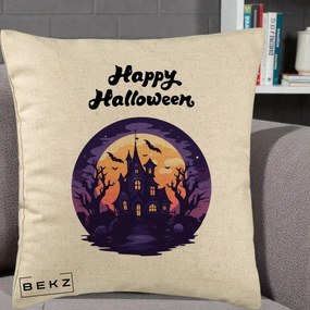 Perna Decorativa Happy Halloween Casa Bantuita Violet, 40x40 cm, Bej, Husa Detasabila, Perna Inclusa, BEKZ®
