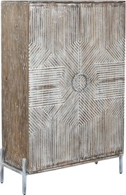 Dulap vintage din lemn de mango, alb, cu 2 uși, 2 rafturi și relief geometric, pe picioare, finisaj patinat, 134 x 85 x 38 cm, „Fougères”