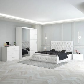 Set Mobila De Dormitor Eric Alb+Comoda, pat tapitat 160x200cm,  dulap cu oglinda 150x210cm, noptiere