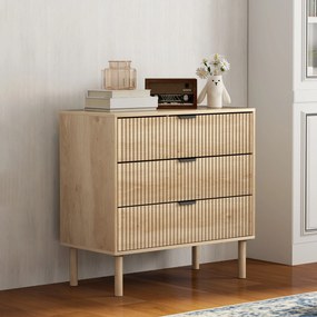 HOMCOM Comodă cu 3 Sertare, Picioare din Lemn Masiv și Design Canelat, 80x40x77,5 cm, Lemn Natural | Aosom Romania