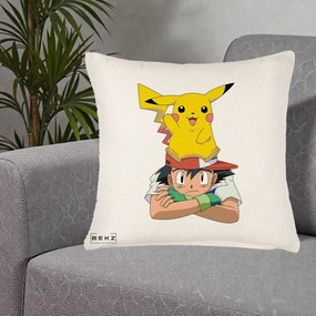 Perna Personalizata Ash si Pikachu, 40x40 cm, Crem Reliefat, Husa Detasabila, Perna Inclusa, BEKZ®