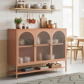 HOMCOM Bufet pentru living, mobilier de depozitare cu 3 uși vitrate arcuite și raft deschis, 140 x 40 x 105 cm, ruginiu | Aosom Romania