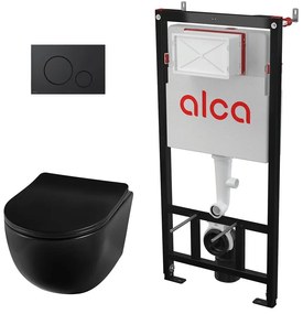 Pachet vas wc suspendat Balneo Luna, capac softclose, rama instalare Alcadrian si clapeta de actionare Alcadrain negru