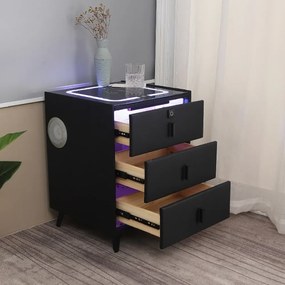 RESIGILAT- Noptieră inteligentă multifuncțională, 3 sertare cu maner, blocare cu amprentă, LED-uri tactile, 3 tipuri de culoare, încărcare fără fir, Difuzor Bluetooth, incarcare USB, sticla securizata, Negru