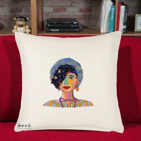 Perna Decorativa Portret Femeie Etnic Colorat, 40x40 cm, Crem Reliefat, Husa Detasabila, Perna Inclusa, BEKZ®