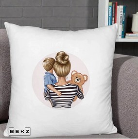 Cadou pentru Mama - Perna Personalizata Mama si Baietelul cu Ursulet, 40x40 cm, Alb Pufos, Husa Detasabila, Perna Inclusa, BEKZ®