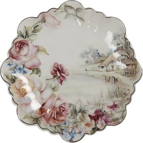 Farfurie alba, din portelan, cu motive florale, Ø19 cm