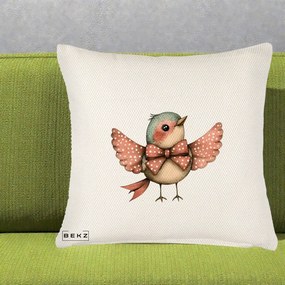 Perna Decorativa Pasare Roz cu Aripi si Fundita, 40x40 cm, Crem Reliefat, Husa Detasabila, Perna Inclusa, BEKZ®