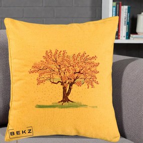 Perna Decorativa Cires Inflorit Acuarela, 40x40 cm, Galben, Husa Detasabila, Perna Inclusa, BEKZ®